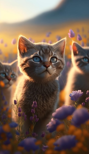 A painting of a cat in a field of flowers.