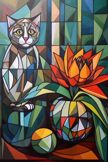 A painting of a cat and a flower with a yellow flower.