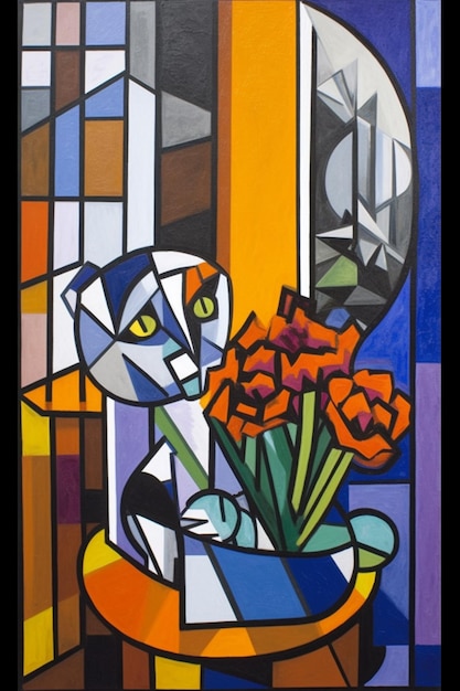 A painting of a cat and flowers in a vase.