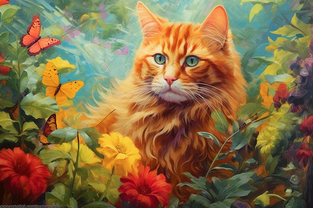 Painting of a cat in a garden with flowers and butterflies generative ai