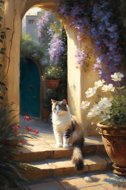 A painting of a cat in a garden