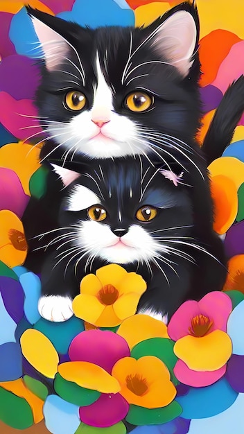 a painting of a cat and a kitten with a flower in the background.