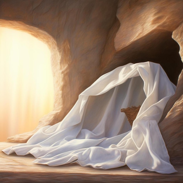 a painting of a cat laying on a blanket in front of a cave