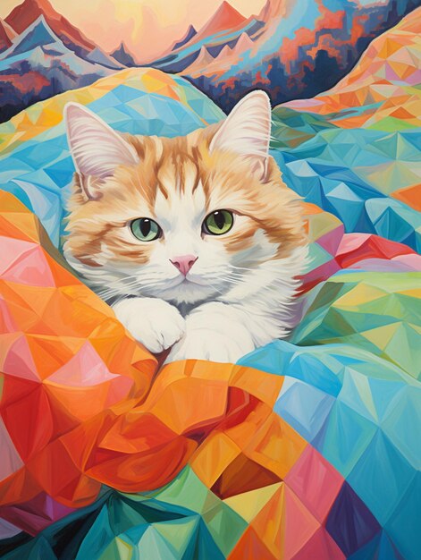 Painting of a cat laying on a colorful blanket in a mountain setting generative ai