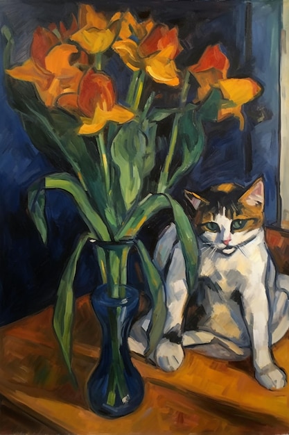 A painting of a cat laying on a table next to a vase of orange flowers.