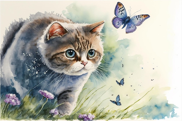 A painting of a cat looking at a butterfly