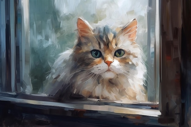 A painting of a cat looking out a window.