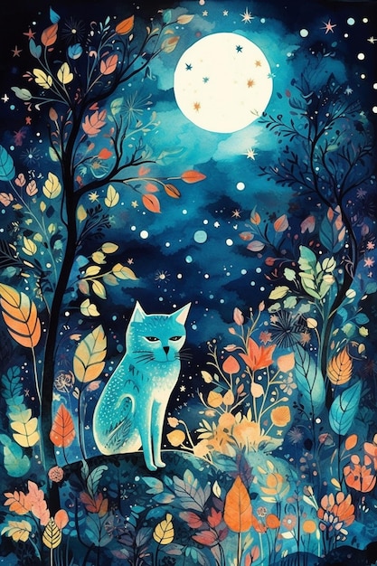 A painting of a cat in the moonlight