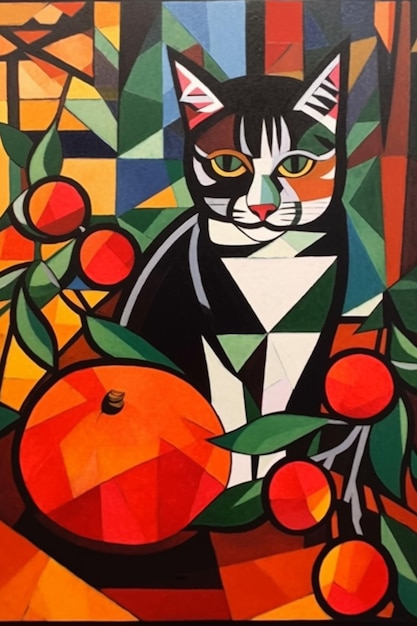 A painting of a cat and an orange