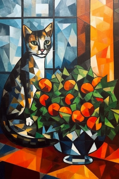 A painting of a cat and oranges by a window.