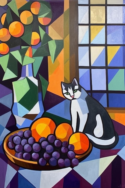 A painting of a cat and oranges in a vase.