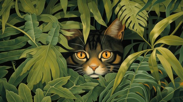 A painting of a cat peeking out from the foliage ai