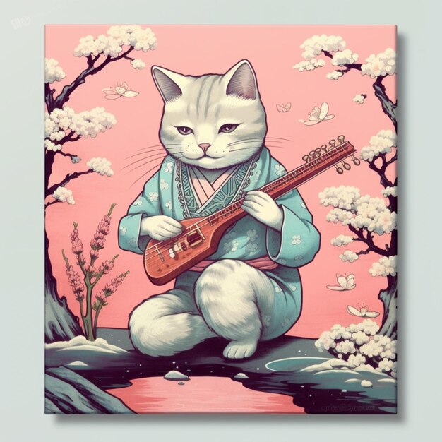 Painting of a cat playing a guitar on a pink background generative ai