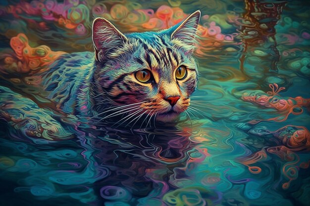 Foto dipinto di un gatto in una pozza d'acqua con molte bolle generative ai