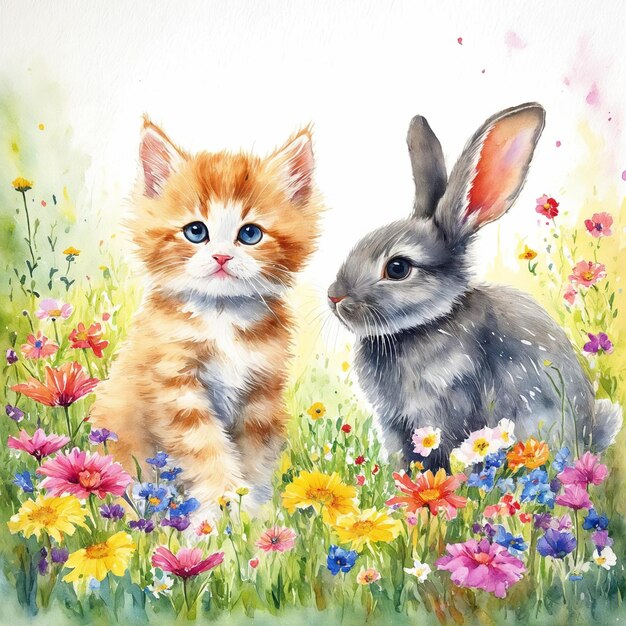 a painting of a cat and a rabbit in a field of flowers