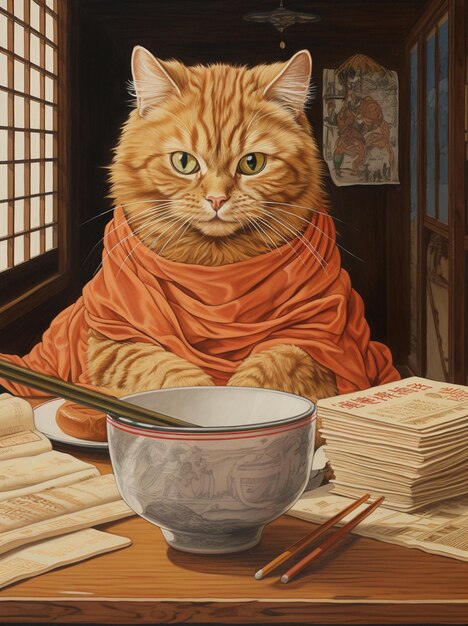 Painting of a cat in a robe sitting at a table with chopsticks generative ai