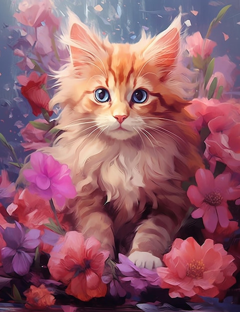 Painting of a cat sitting in a bed of flowers generative ai