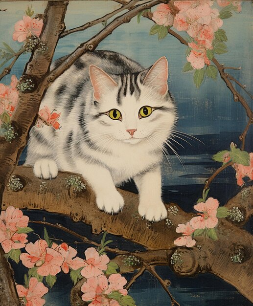 painting of a cat sitting on a branch of a tree with flowers generative ai