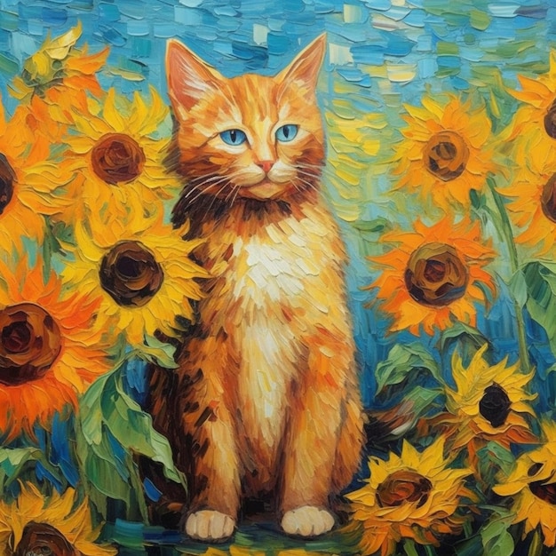 Painting of a cat sitting in a field of sunflowers generative ai