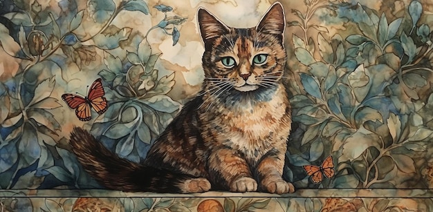 painting of a cat sitting on a floral wall with a butterfly generative ai