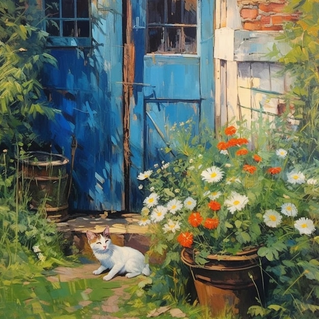 Painting of a cat sitting in front of a blue door generative ai