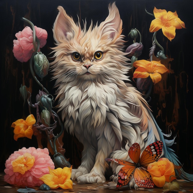 painting of a cat sitting in front of a bunch of flowers generative ai