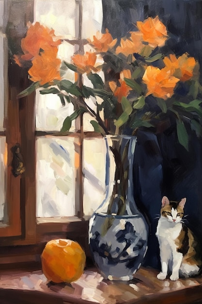 Картина кота, сидящего перед окном с апельсинами.