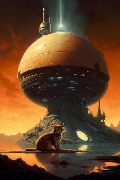 A painting of a cat sitting on a frozen planet.