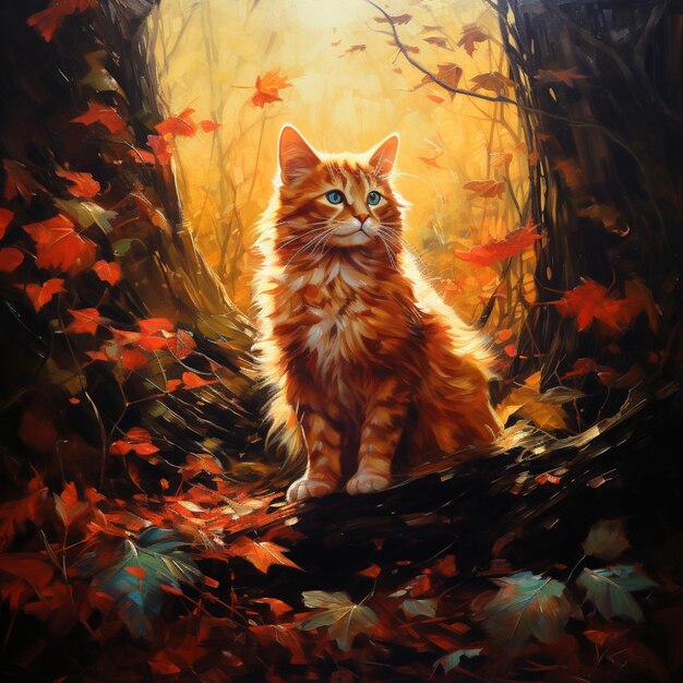 painting of a cat sitting on a log in a forest generative ai