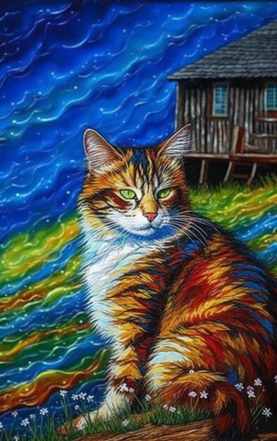 Photo painting of a cat sitting on a log in front of a house generative ai