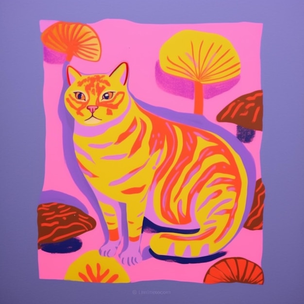 Картина кошки, сидящей на розовой поверхности с грибами.