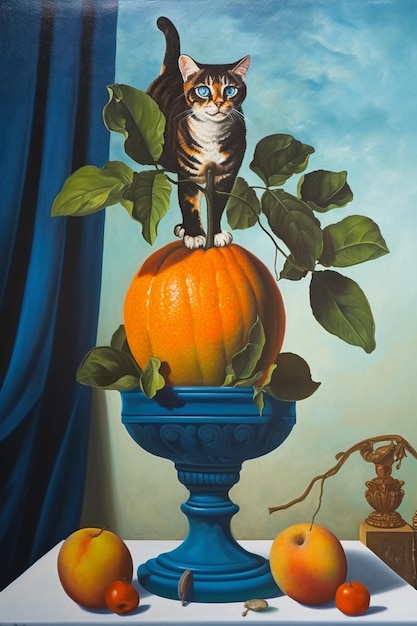 Photo a painting of a cat sitting on a pumpkin