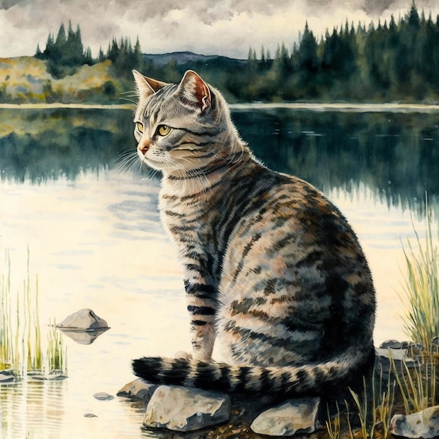 Photo painting of a cat sitting on a rock by a lake generative ai