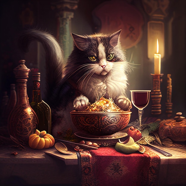 Painting of a cat sitting on table with bowl food generative ai