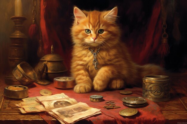 Painting of a cat sitting on a table with coins and a book generative ai