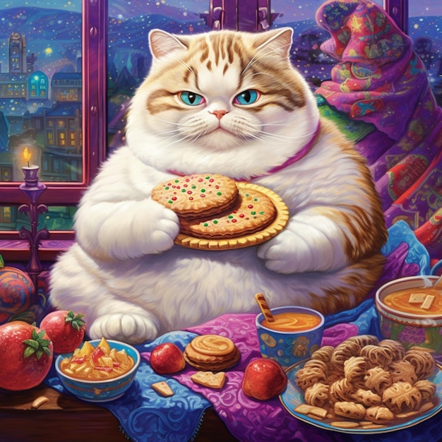 painting of a cat sitting at a table with a plate of cookies generative ai
