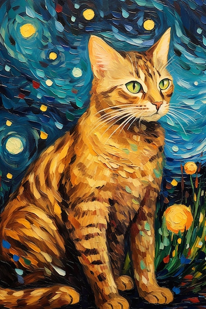 Painting of a cat sitting on a table with a starry sky in the background generative ai