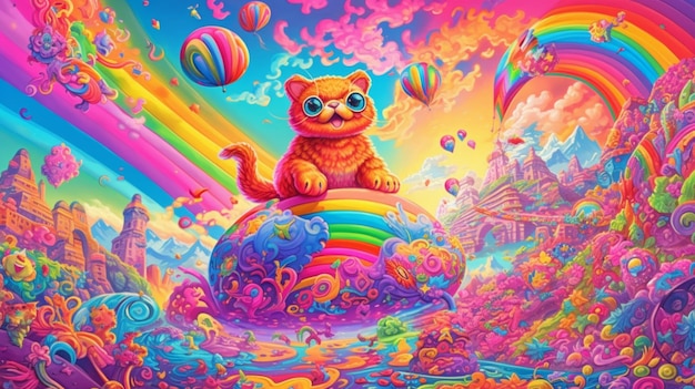 A painting of a cat sitting on top of a rainbow colored ball generative ai