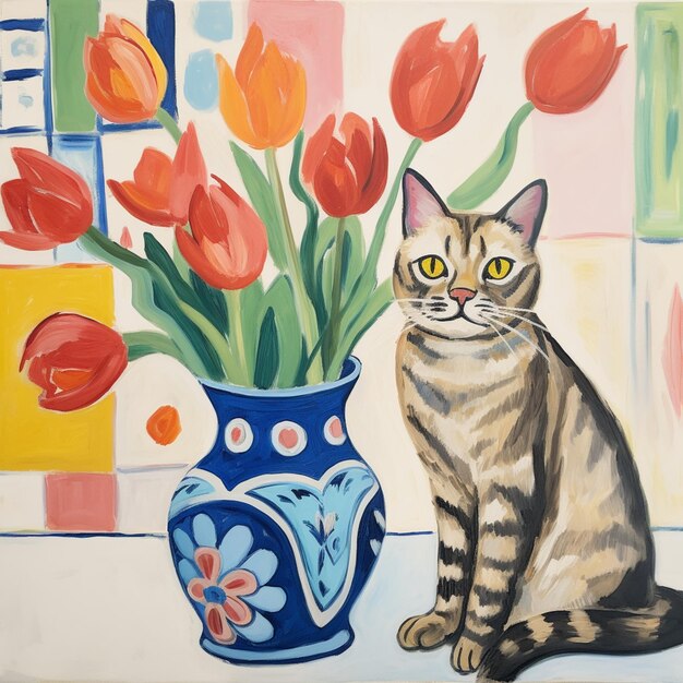 Photo painting of a cat sitting next to a vase with flowers generative ai