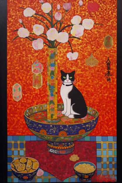 A painting of a cat sitting in a vase with flowers on it.