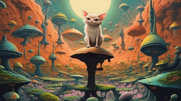 Painting of a cat standing on a mushroom like structure in a fantasy world generative ai