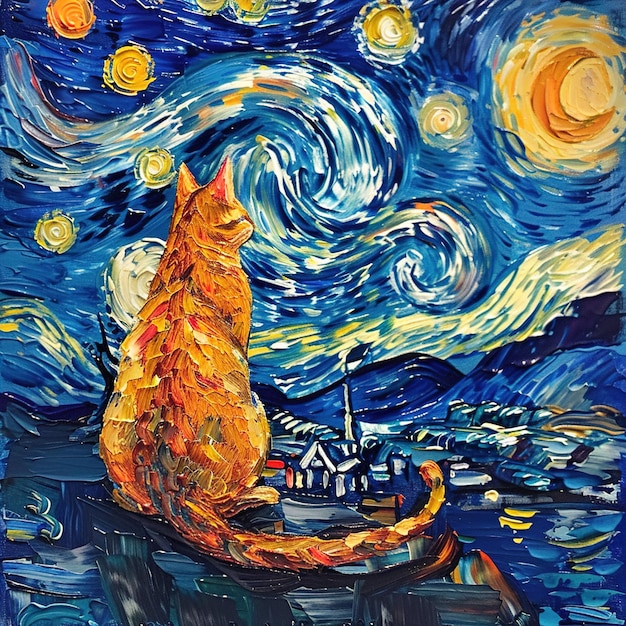 a painting of a cat and a star that has a star on it