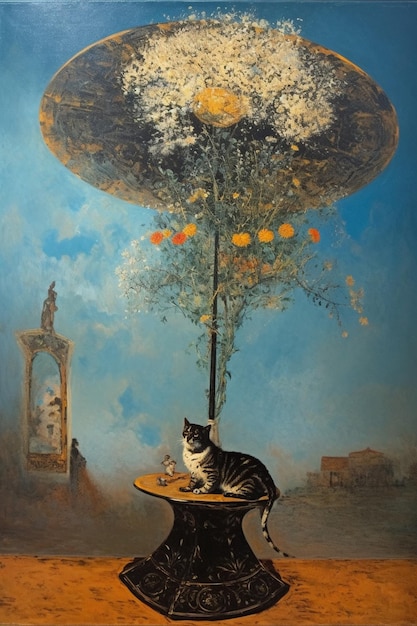 A painting of a cat on a table with a flower on it.