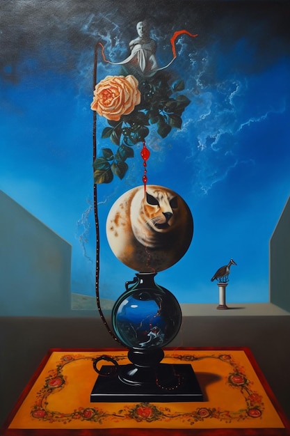 Photo a painting of a cat on a table with a vase and a flower on it.