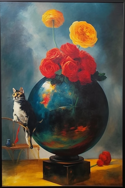 A painting of a cat on a table with a vase of flowers.