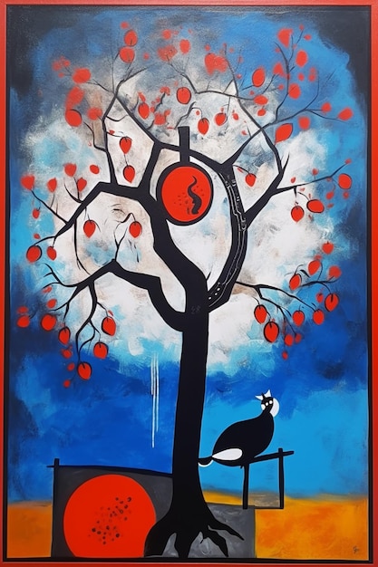 Photo a painting of a cat and a tree with a red frame.