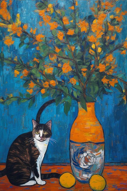 A painting of a cat and a vase of flowers are on a table