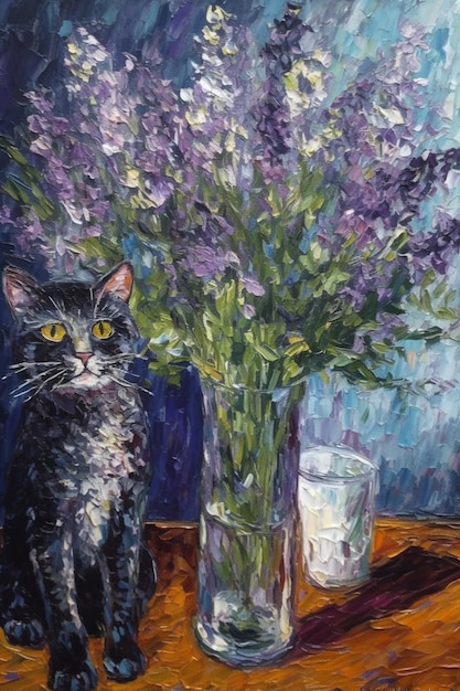 A painting of a cat and a vase of flowers are on a table.