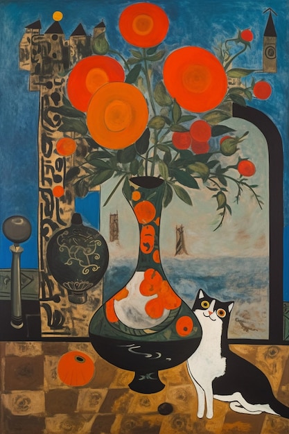 A painting of a cat and a vase of flowers are on a table.