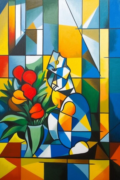 A painting of a cat and a vase of flowers in front of a blue background